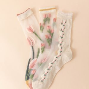 3pairs Floral Pattern Crew Socks