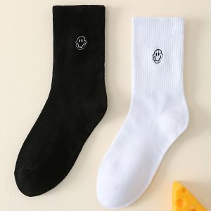 2pairs Men Expression Embroidered Crew Socks