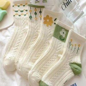 5pairs Women Floral Pattern Cute Crew Socks, For Daily Life